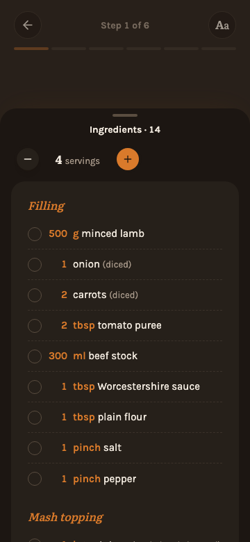 The ingredient list open in cook mode