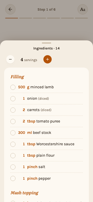 The ingredient list open in cook mode