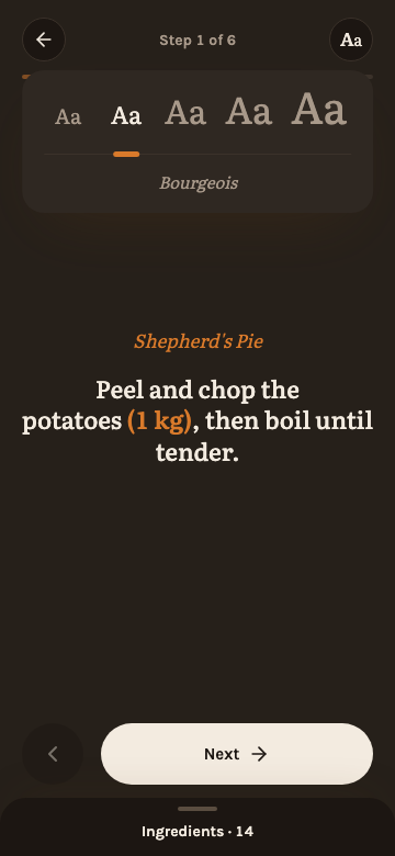 Choosing a type size in cook mode