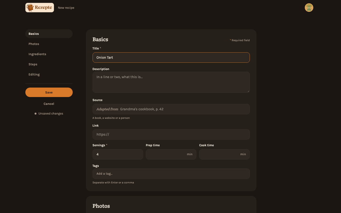 The recipe editor