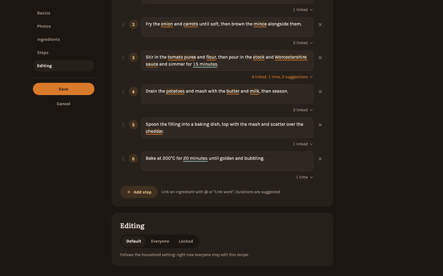 The Editing section at the end of the editor