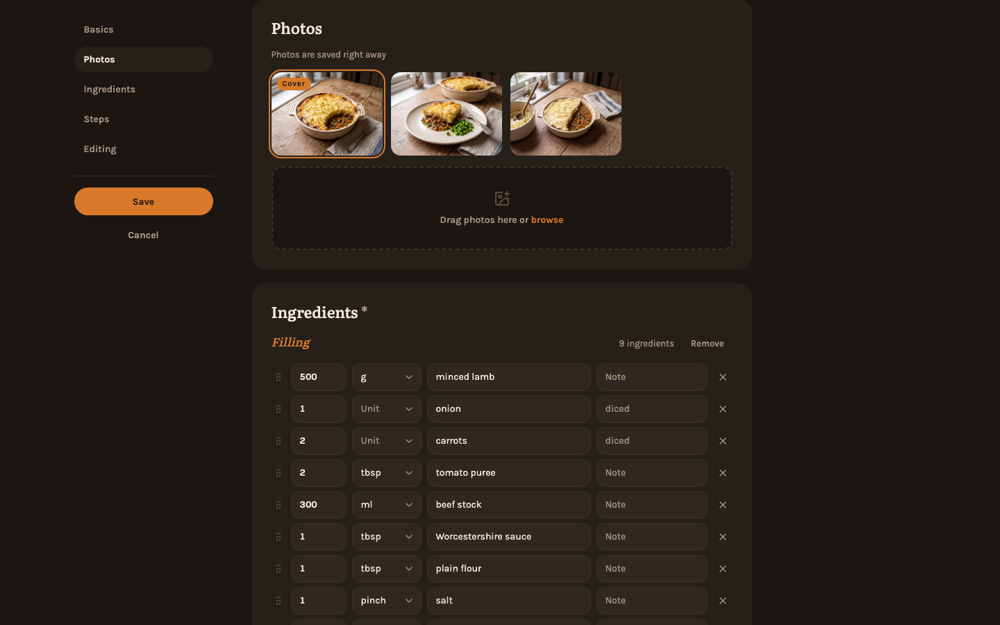 Ingredient groups in the editor