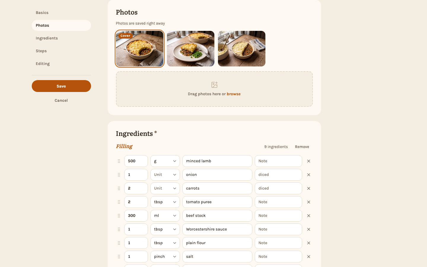 Ingredient groups in the editor