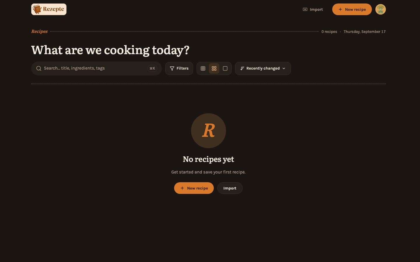 The overview right after the first login, before anyone has added a recipe