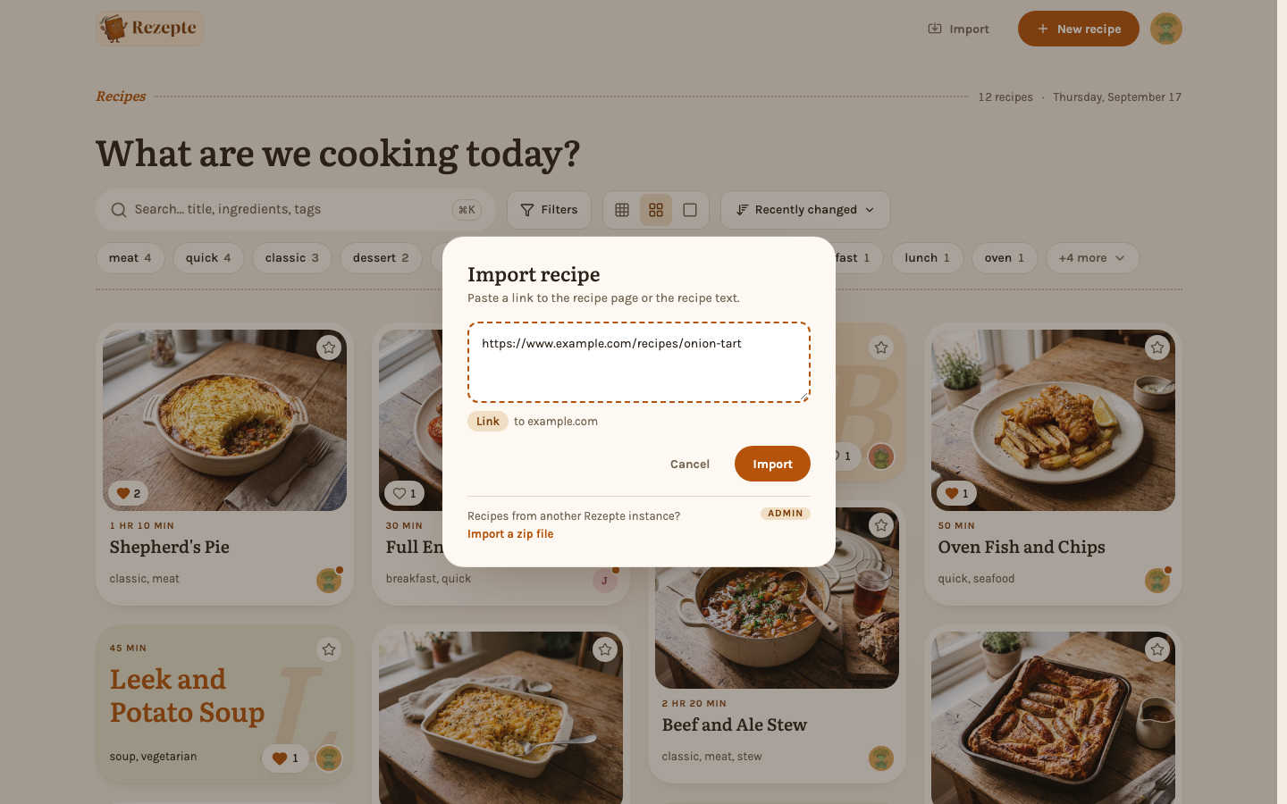 The import dialog with a link pasted