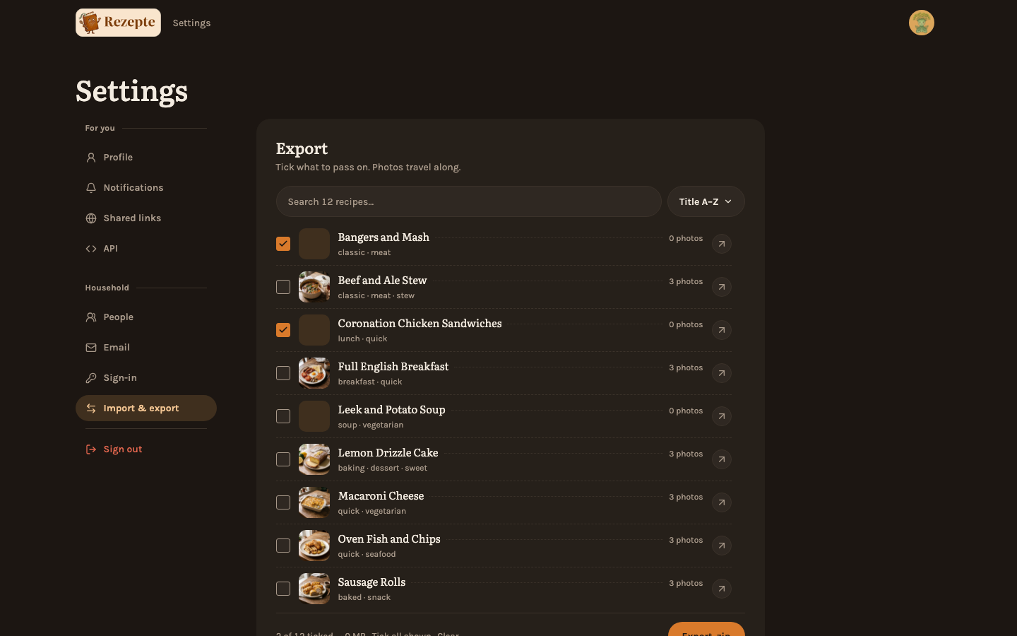 Picking recipes to export