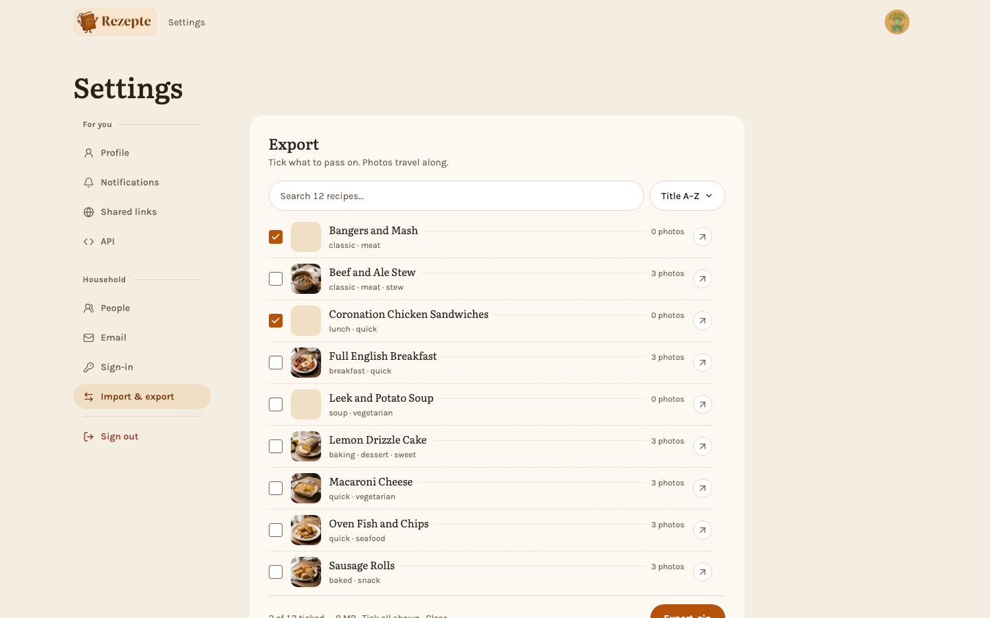 Picking recipes to export
