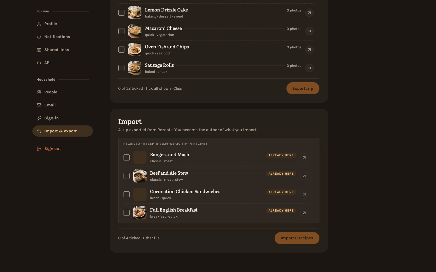 A file's recipes before the import, some of them already here