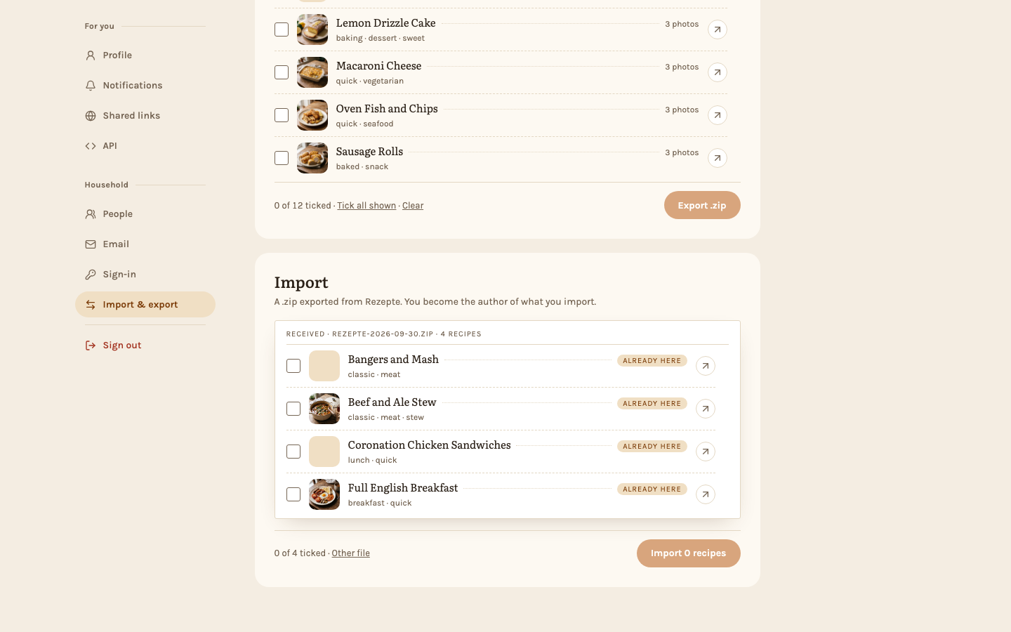 A file's recipes before the import, some of them already here