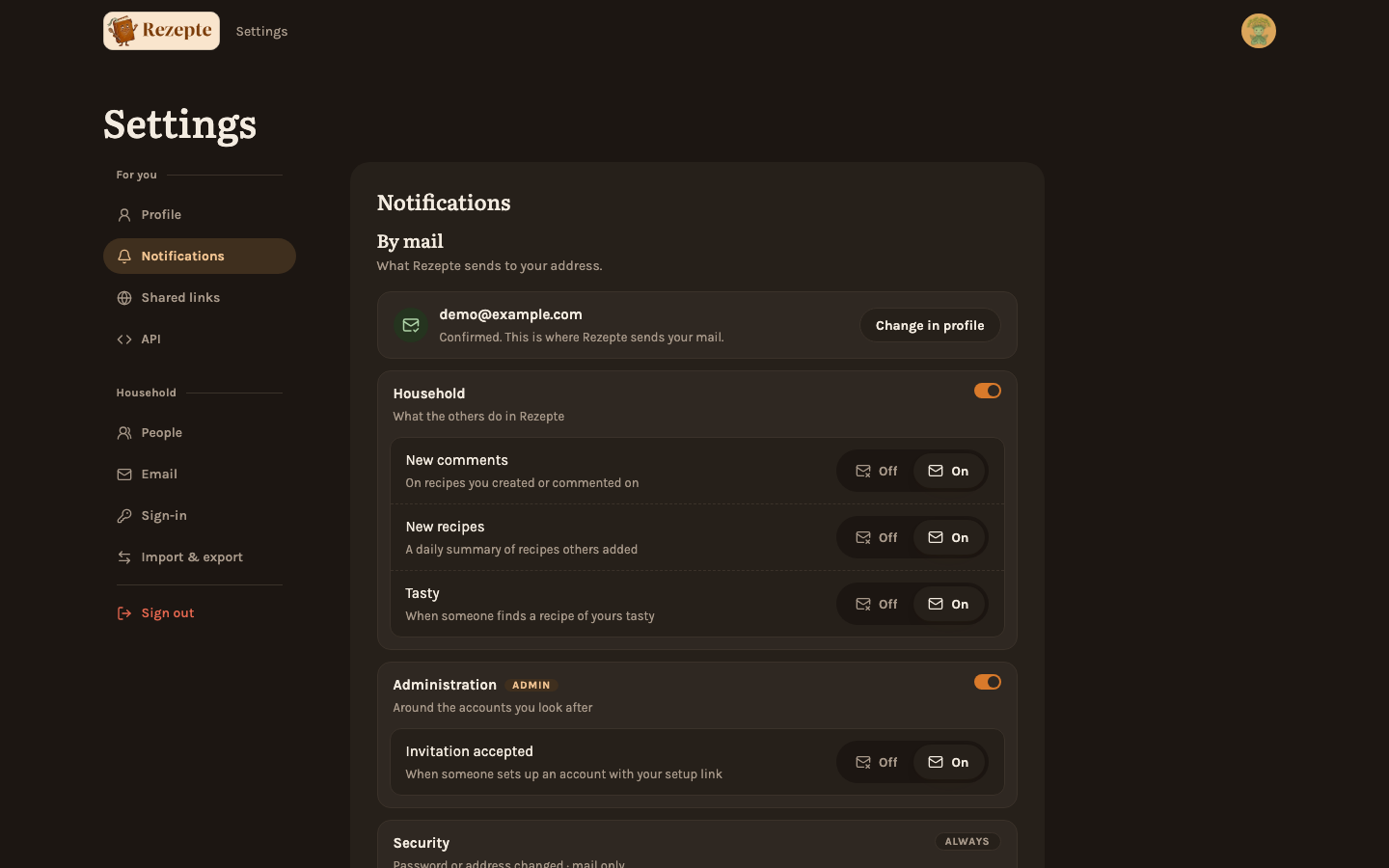 The Notifications page: what comes by mail, with push below