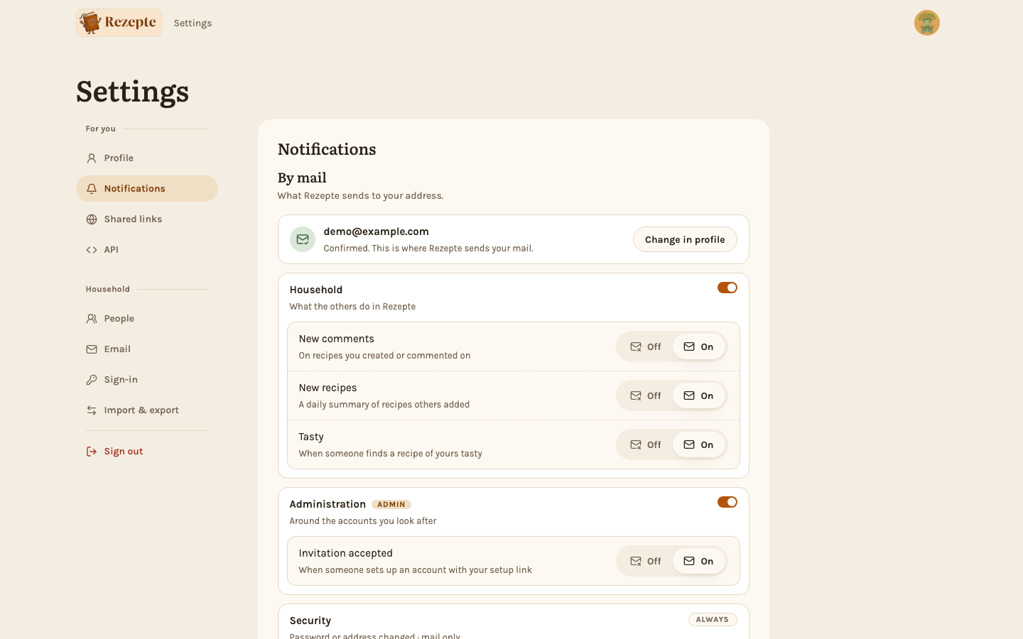 The Notifications page: what comes by mail, with push below