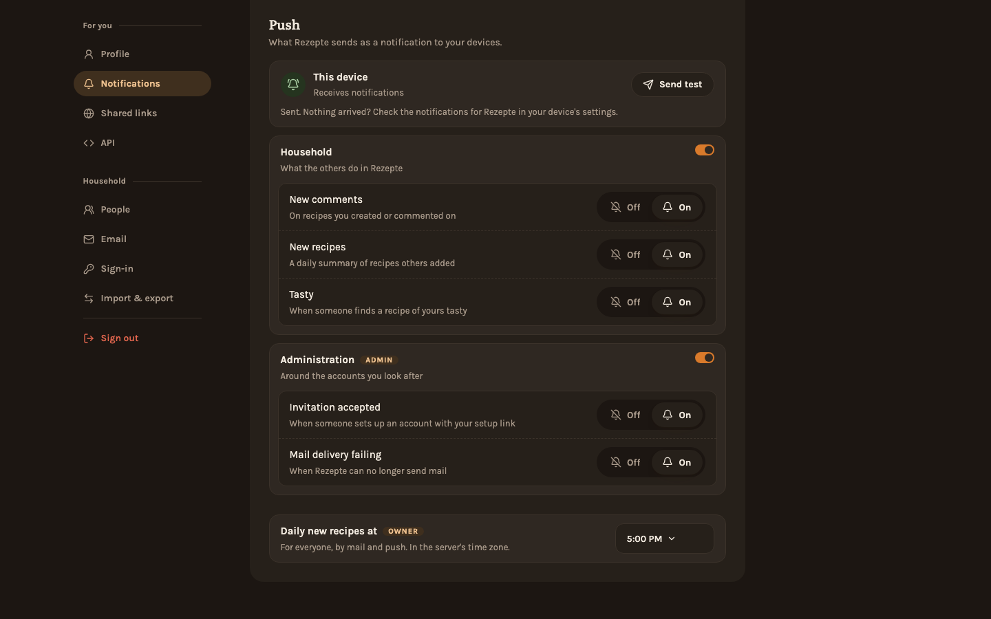 Push on a device that receives notifications, after a test