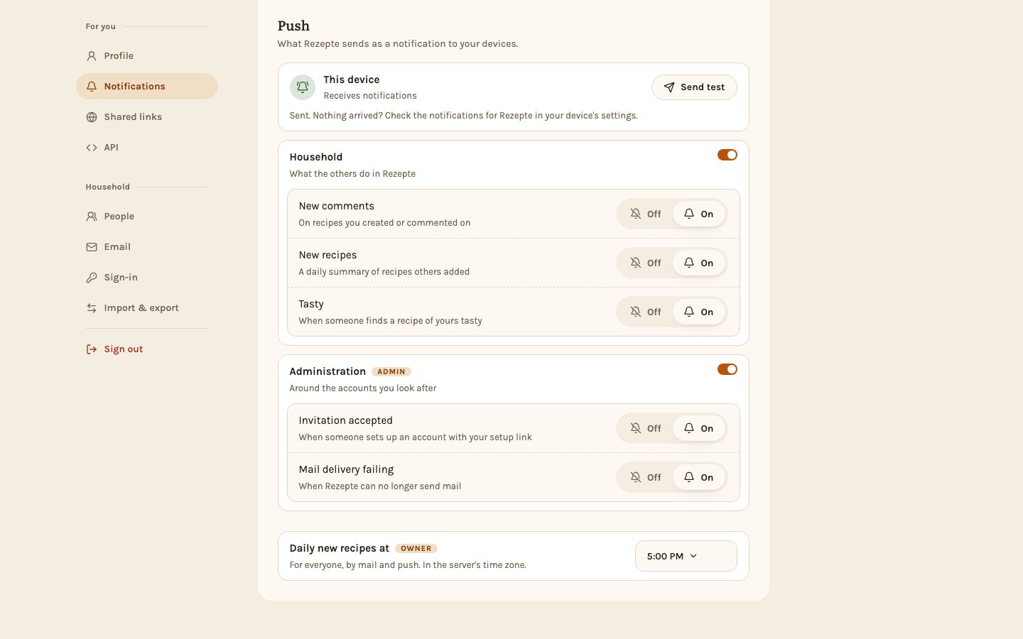 Push on a device that receives notifications, after a test