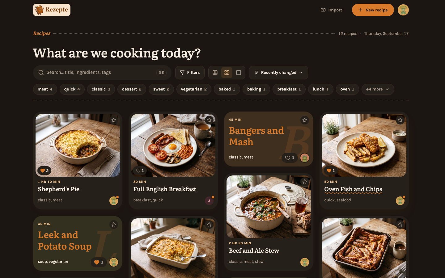 The recipe overview with search, tag chips and the card grid