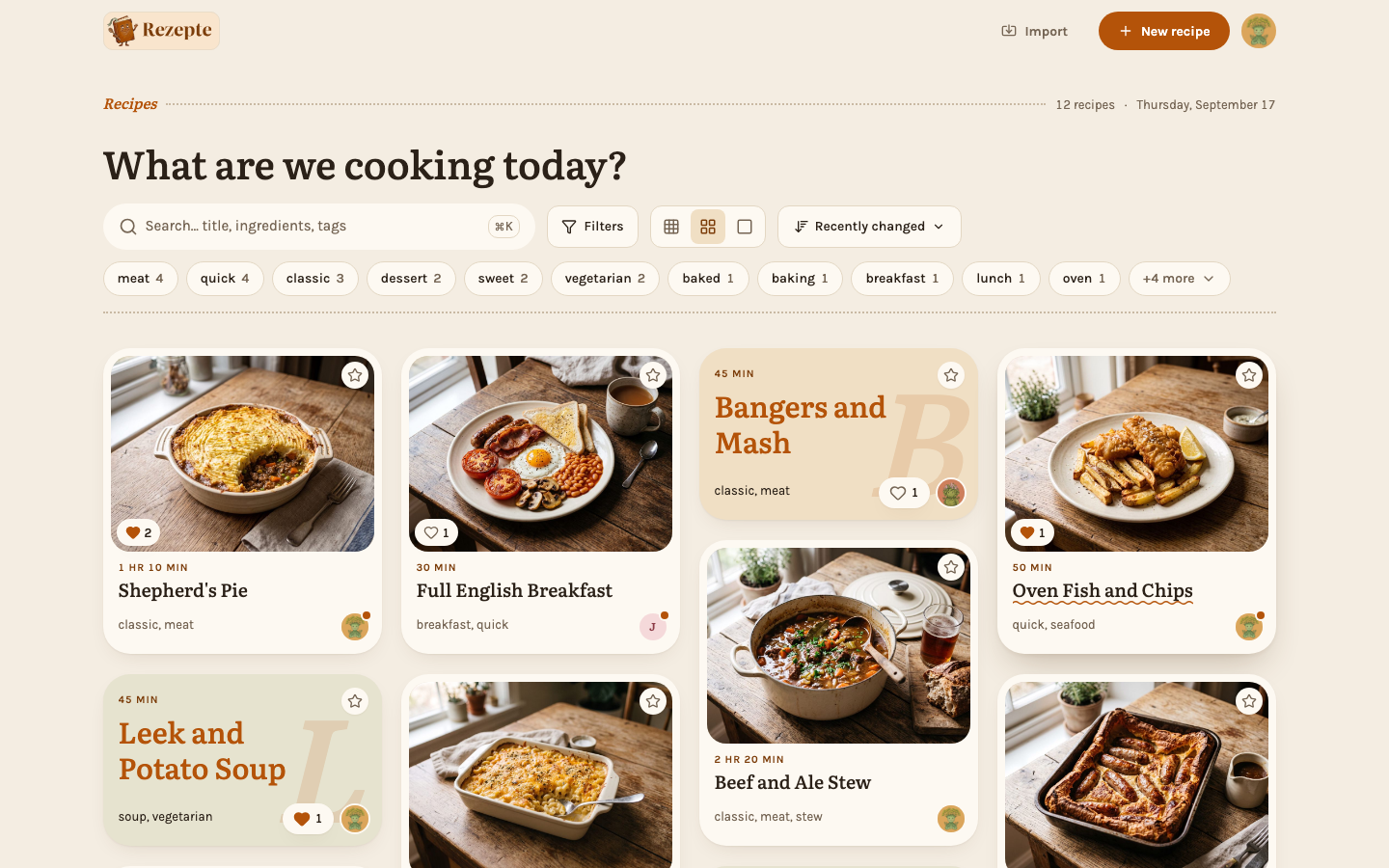 The recipe overview with search, tag chips and the card grid