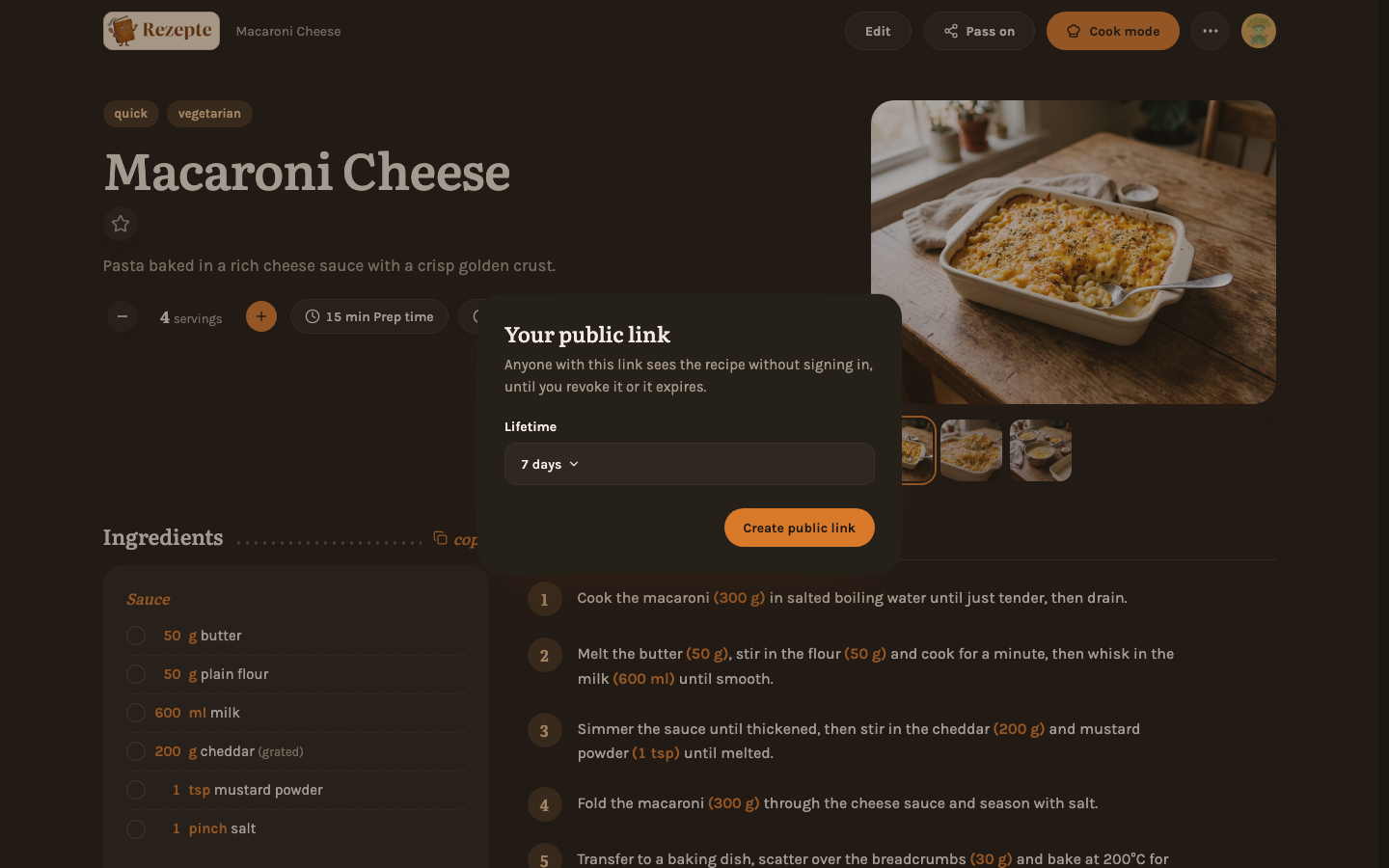 Creating a public link from a recipe's menu