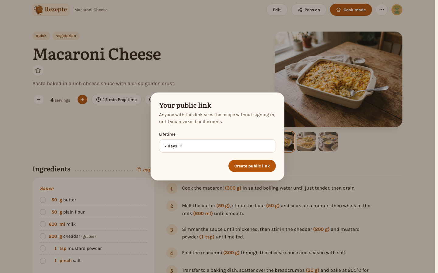 Creating a public link from a recipe's menu