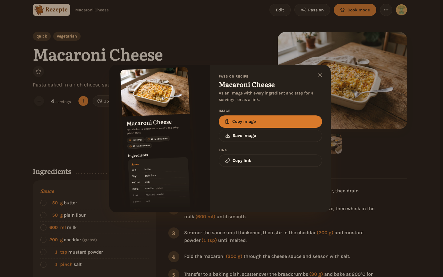 Passing a recipe on as an image