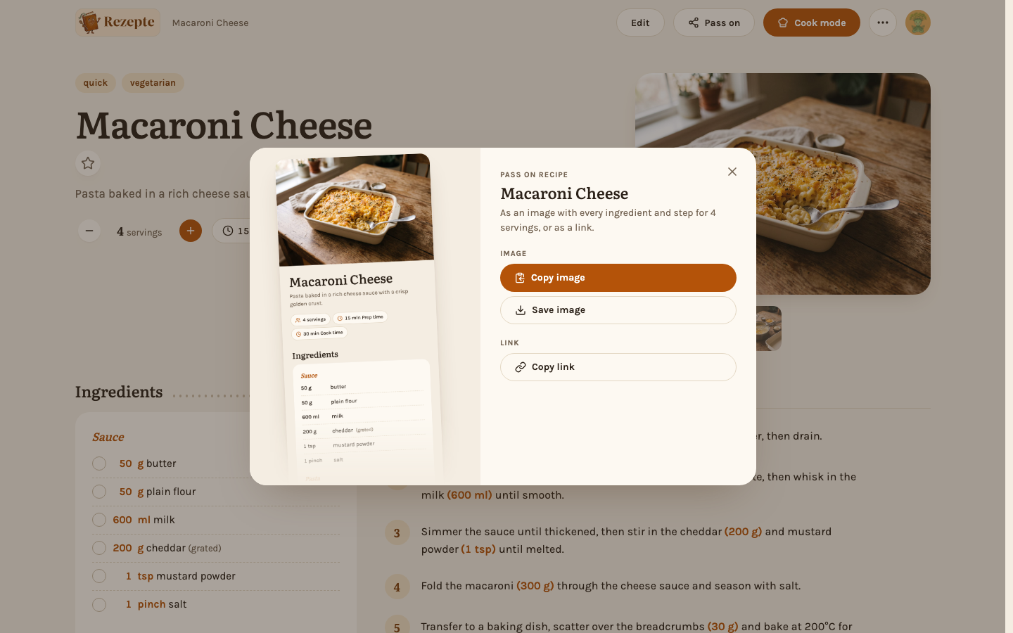 Passing a recipe on as an image