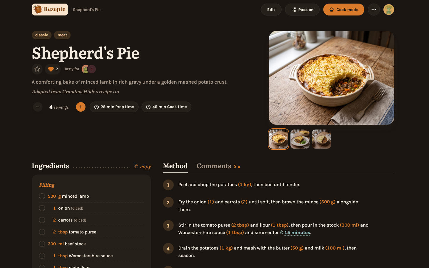 A recipe's detail page