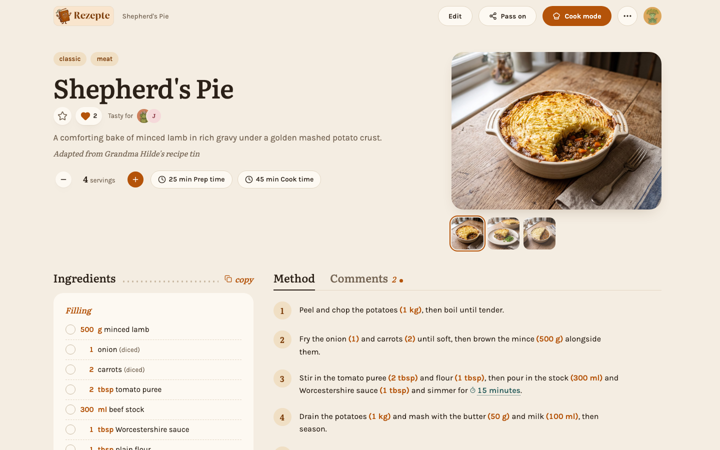A recipe's detail page