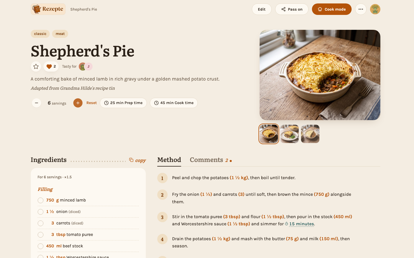 The servings stepper on the recipe detail page