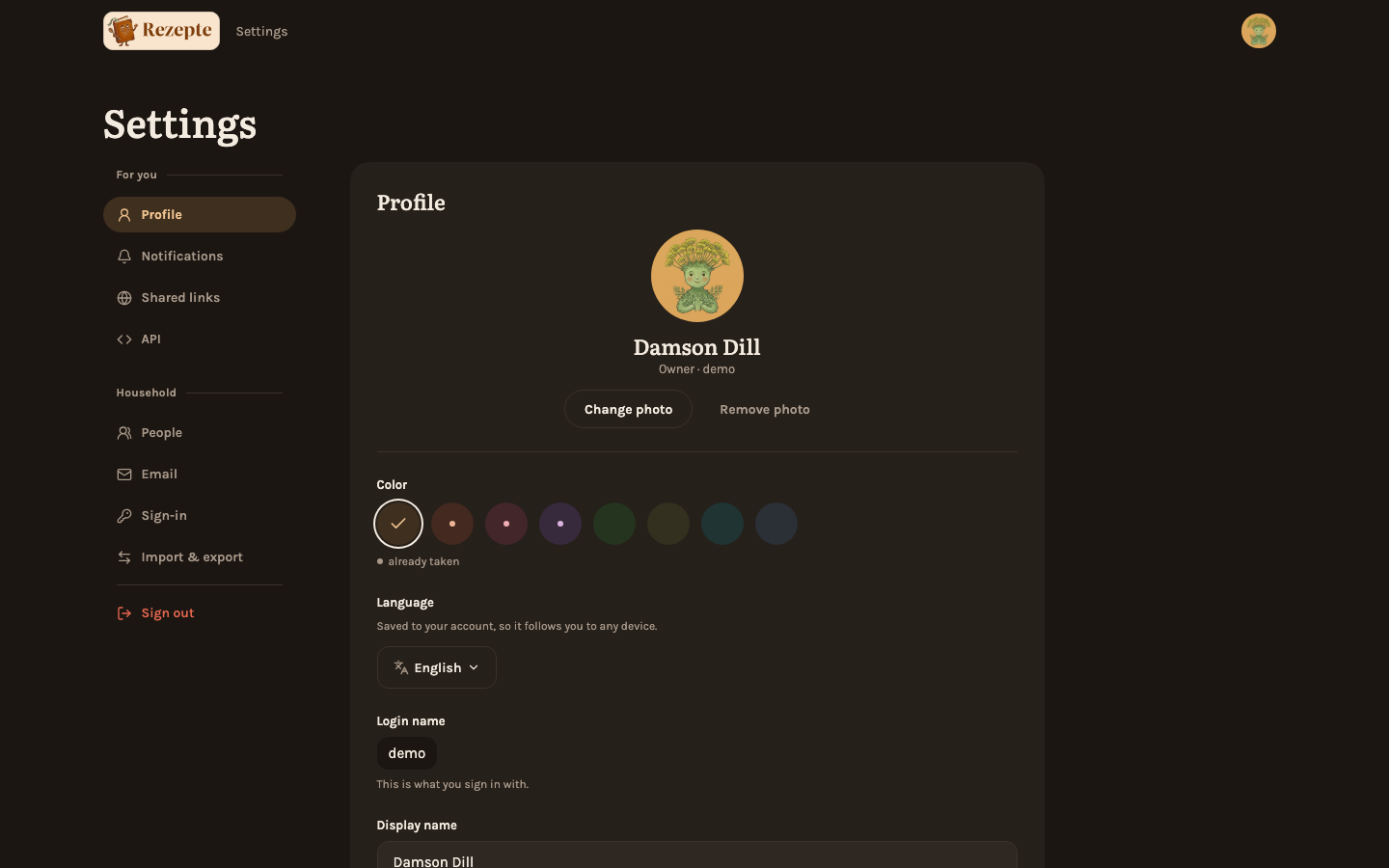 The settings page