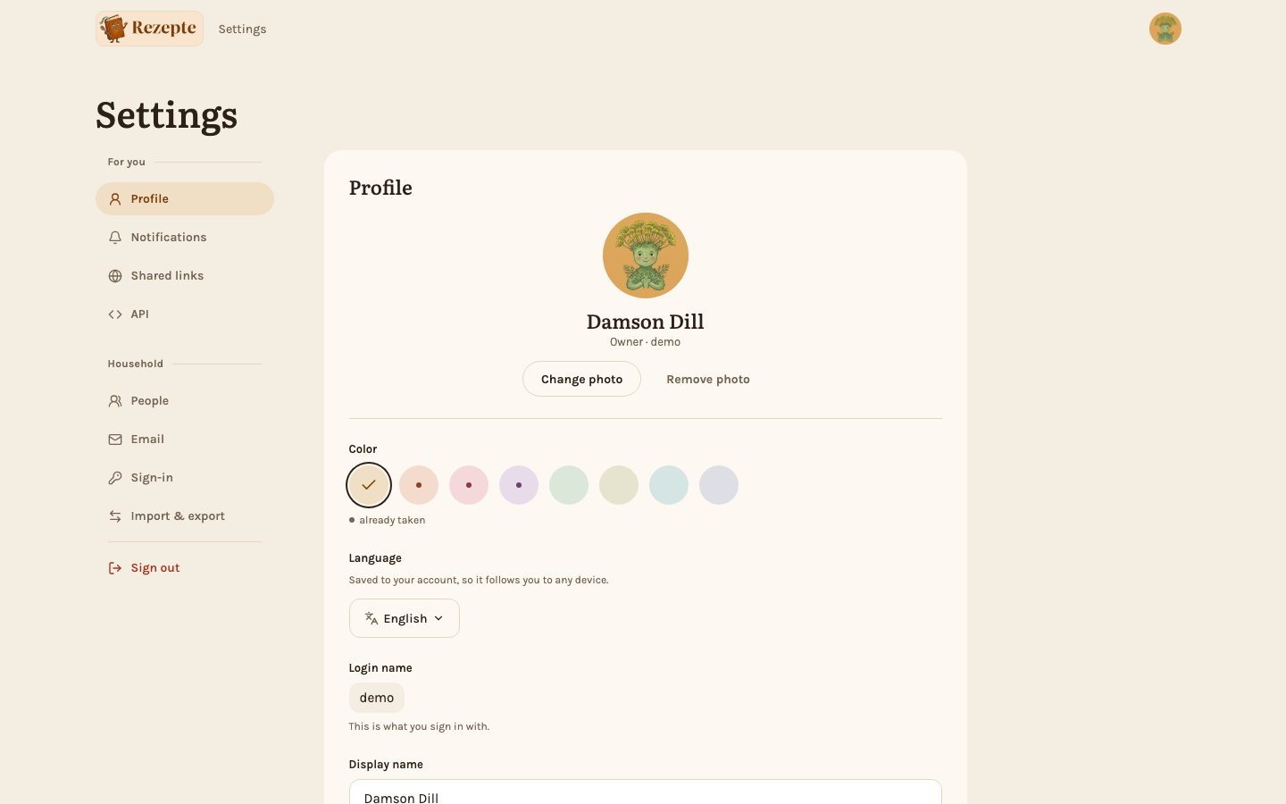 The settings page
