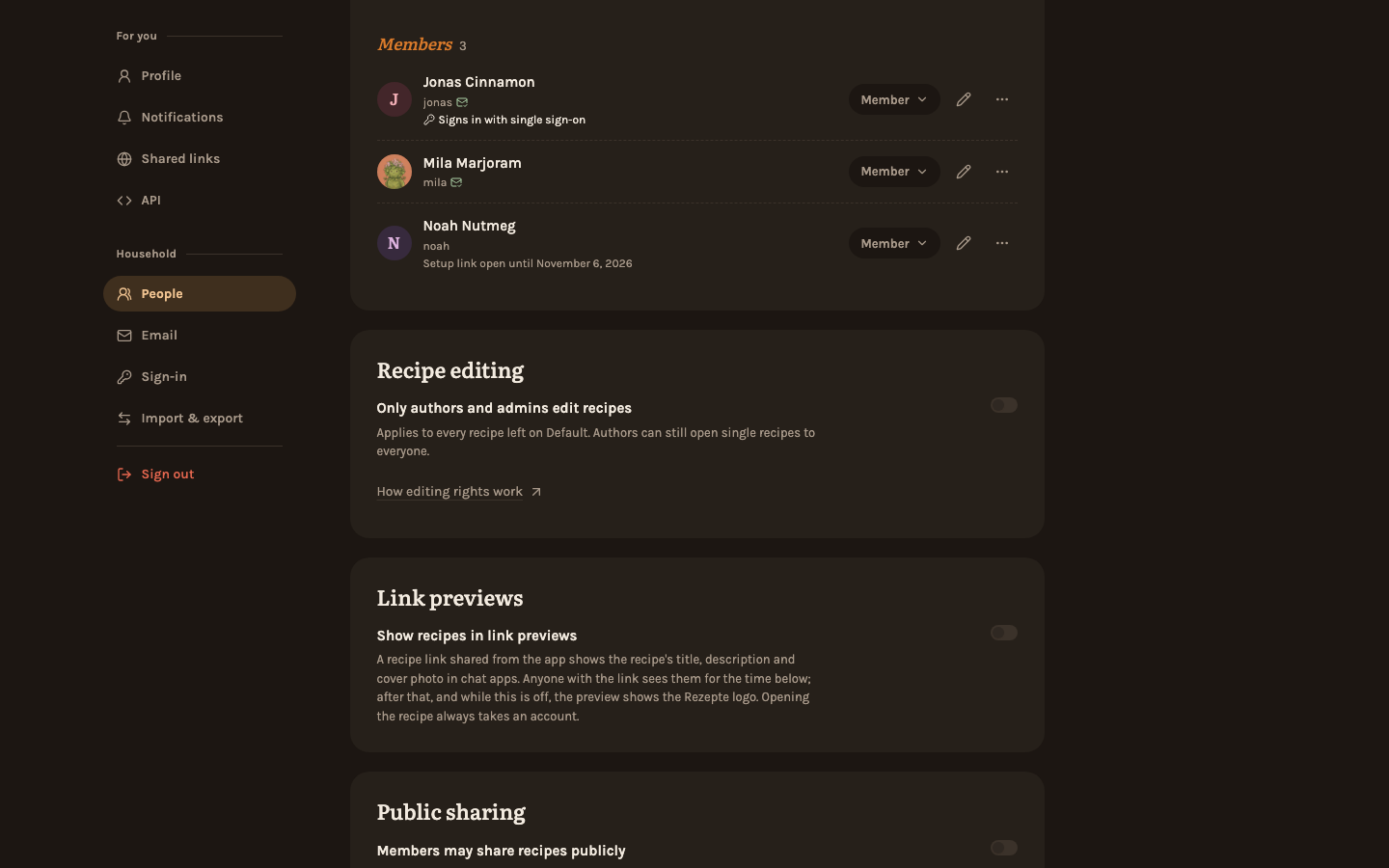 The Recipe editing card on the People page