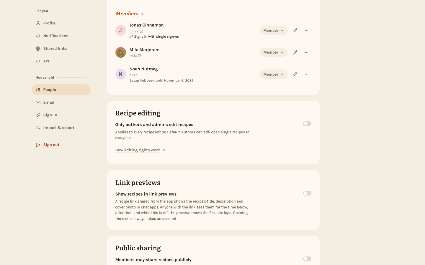 The Recipe editing card on the People page