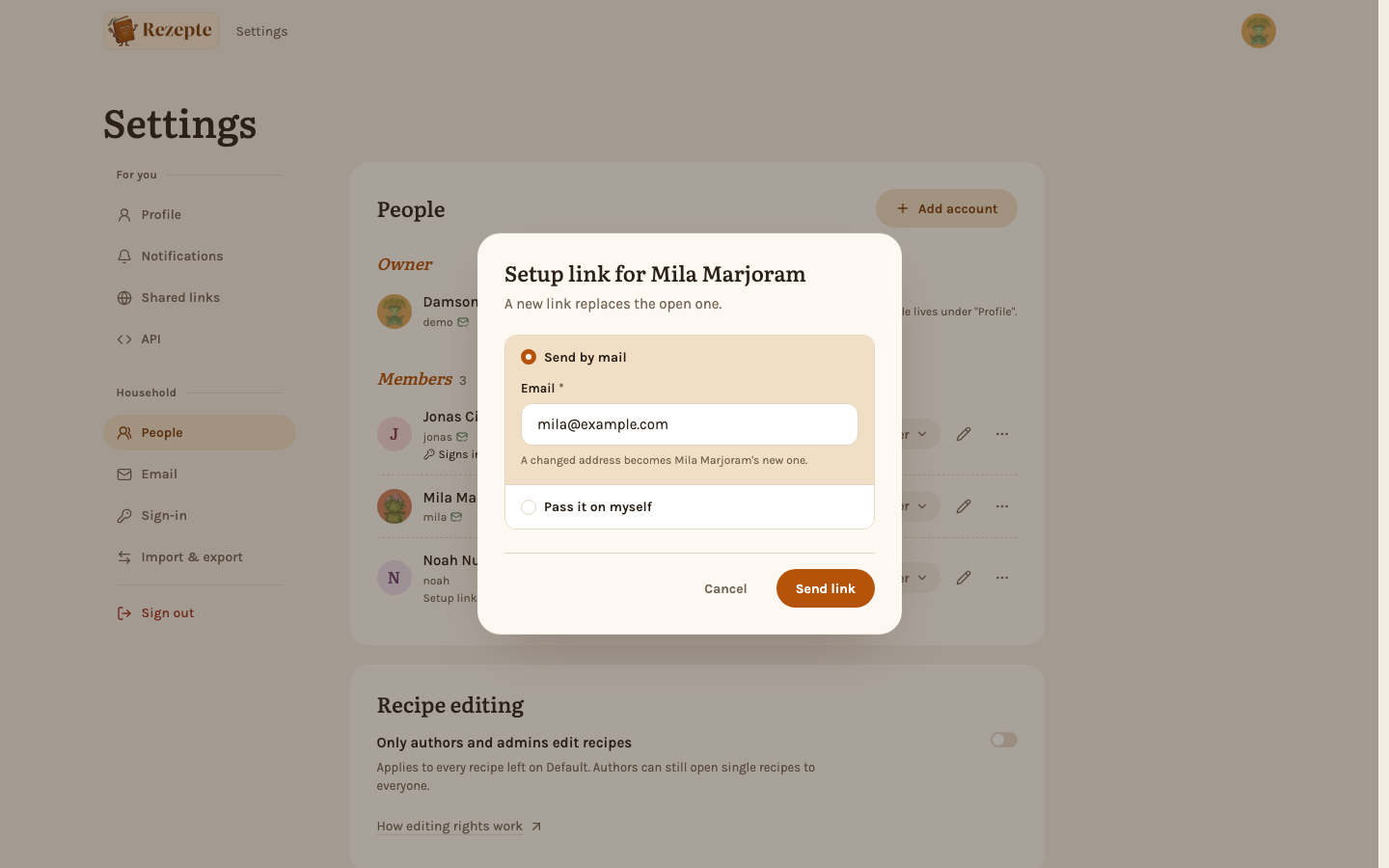 Sending a setup link: by mail to the address on the account, or passed on yourself