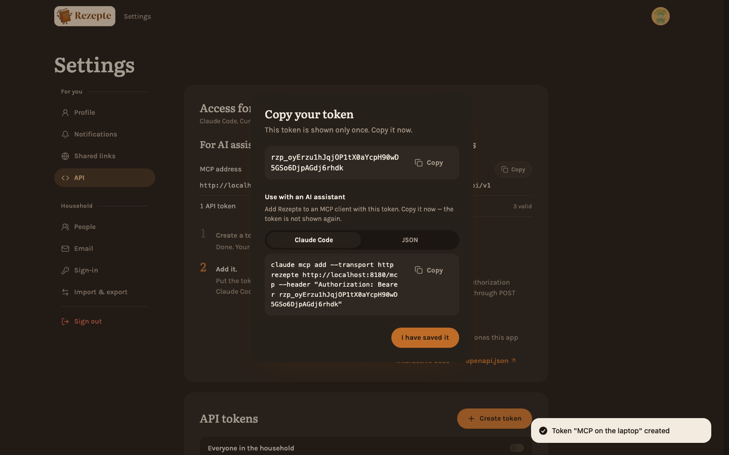 The token dialog with the connect command, ready to copy