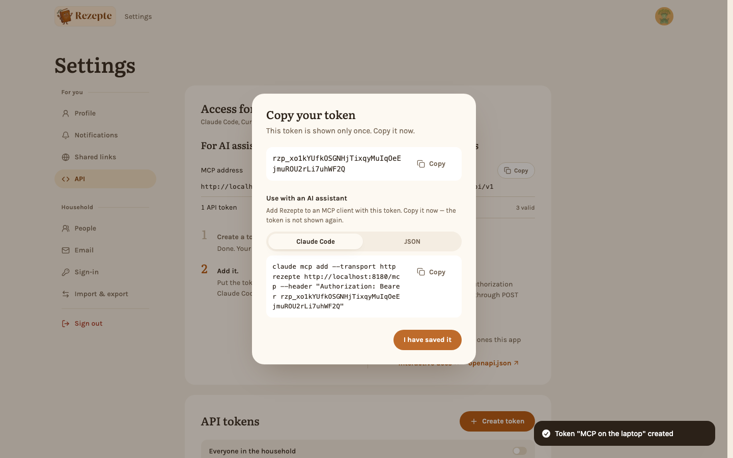 The token dialog with the connect command, ready to copy